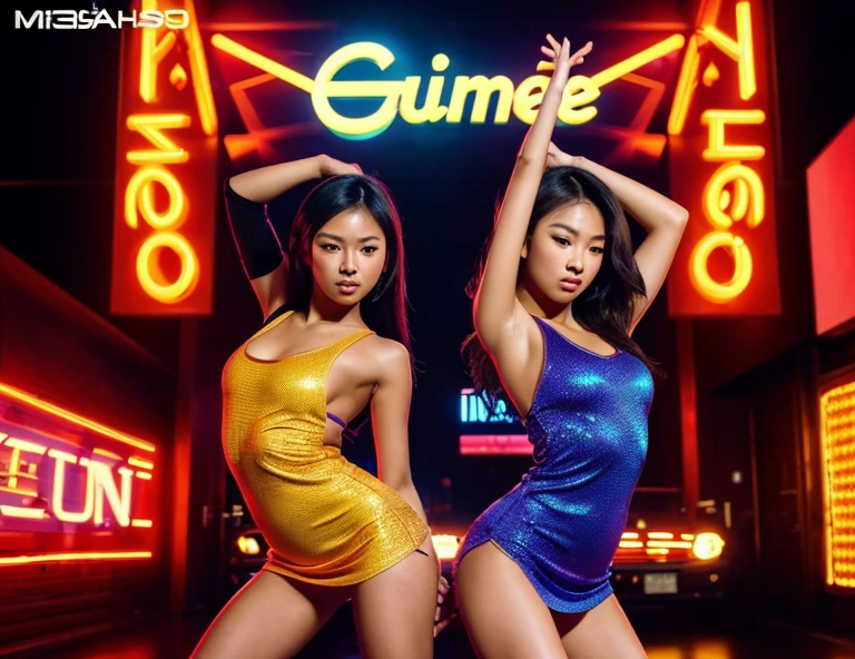 (1girl,2girls,beautiful asian women,hot asian women,women in mini dresses,women in tank tops,sensual dance,dancing,club scene,bold typography,slay,typography poster,high quality,extremely detailed,cinematic lighting,hyper realistic,photorealistic,8k,masterpiece)