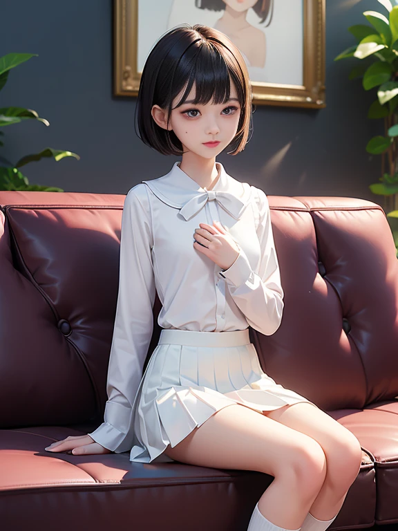 (masterpiece、Highest quality:1.7)、(13 years old:1.5)、(Full body shot:1.5)、Bobcut、Black Hair、85mm、16K、Official Art、RAW Photos、Best Beautiful Faces、Close-up、Violet、Gardenia、The best beautiful girl、very cute、Red blush on cheeks、indoor、(Sit on the couch:1.8)、Film Grain、Chromatic Aberration、Sharp Focus、(((Nice hands、Perfect hands、Perfect Fingers、Thin and delicate fingers、A perfect body without flaws)))、Detailed face、(Slender body:1.5)、(Slender body:1.4)、(Small and flat bust:1.7)、(Let your bangs hang down:1.8)、(Blushing:1.8)、(Low contrast lighting:1.2)、(White tight business blouse with collar:1.5)、(White bow tie blouse:1.3)、(Long sleeve: 1.3)、(White pleated mini skirt:1.5)、(White School Socks:1.5)、(Eyes closed:1.5),(Touch your chest:1.5),(masturbation:1.3)