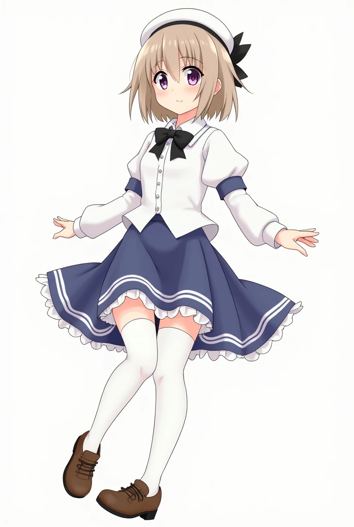 (iwanagaskirt:1.2), (Iwanaga Koto:0.9),(Berets:1.8), Iwanaga Koto子, 1 Girl, Berets, black bow, blue skirt, bow, Brown footwear, sugar cane, skirt, hair bow, have, Keep, Keep sugar cane, Juliet Sleeves, Light brown hair, Long sleeve, Looking at the audience, petticoat, Puff sleeves, Purple Eyes, short hair, skirt, Solitary, Thigh straps, High Leg Raise, white skirt, White headdress, white High Leg Raise, Express Suiri