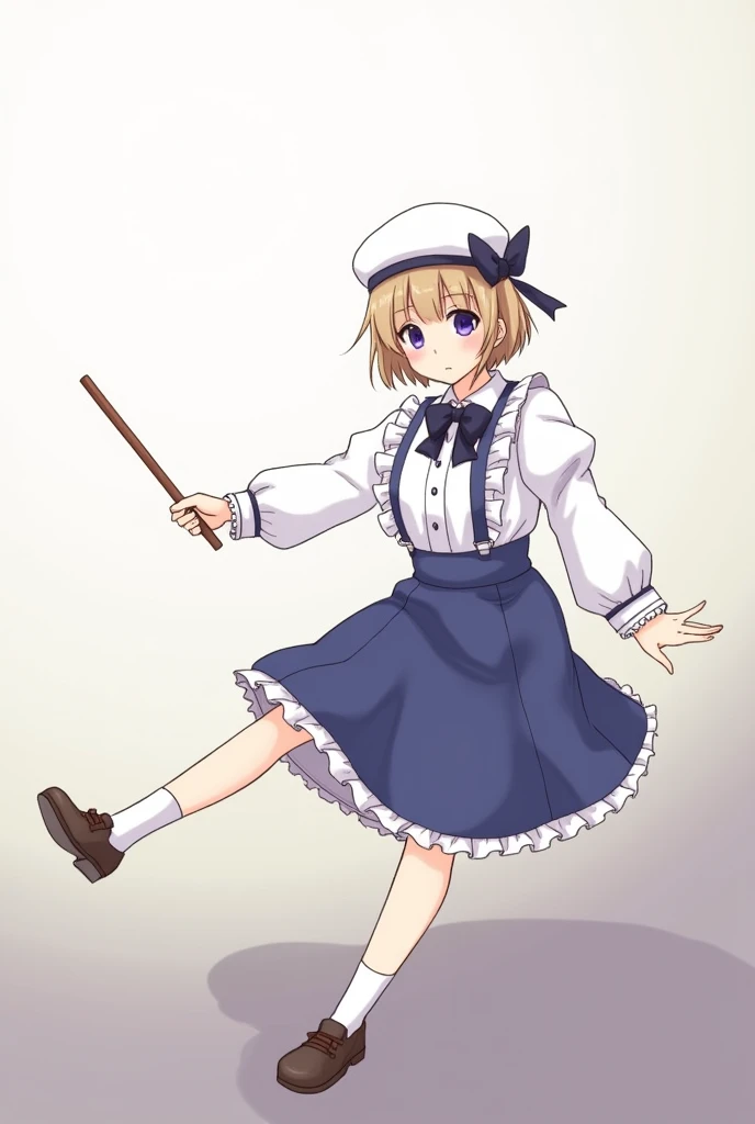 (iwanagaskirt:1.2), (Iwanaga Koto:0.9),(Berets:1.8), Iwanaga Koto子, 1 Girl, Berets, black bow, blue skirt, bow, Brown footwear, sugar cane, skirt, hair bow, have, Keep, Keep sugar cane, Juliet Sleeves, Light brown hair, Long sleeve, Looking at the audience, petticoat, Puff sleeves, Purple Eyes, short hair, skirt, Solitary, Thigh straps, High Leg Raise, white skirt, White headdress, white High Leg Raise, Express Suiri