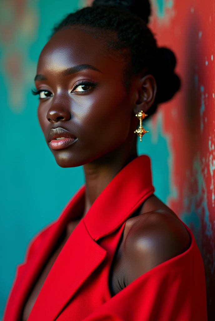 une femme en robe rouge posant pour une photo, a portrait, tendance sur la société cg, afrofuturisme, turquoise et rouge vénitien, Patrick Demarchelier, diablo 4 reine, détails exquis, buste avec un beau cou, éditorial officiel de Valentino, peau foncée avec une teinte bleue, jehan georges vibert, Contraste des couleurs, Brillant, Samburu, petit-fils de Benjamin, image publicitaire] --avec 9:16