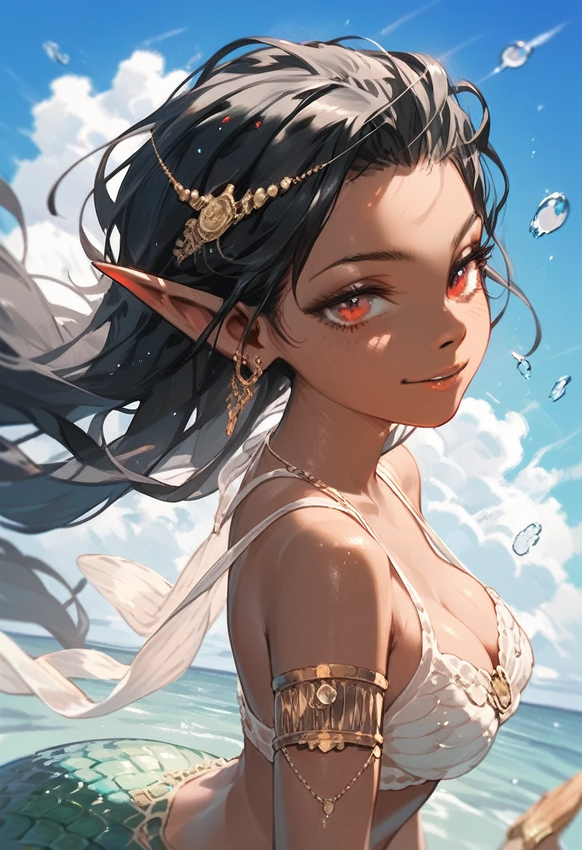 mermaid,black hair,red eyes,tan skin