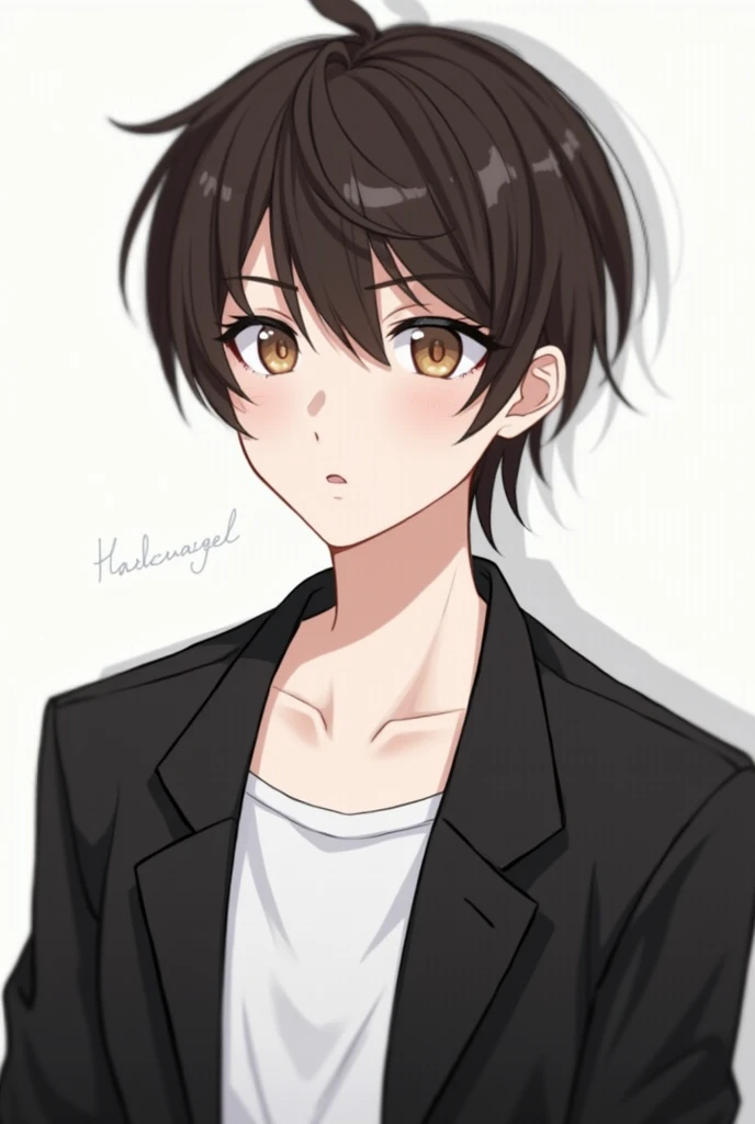 youth、Dark brown hair、Short Hair、Thick eyebrows、Hanging eyes、Black coat、White innerwear、Expressionless、male