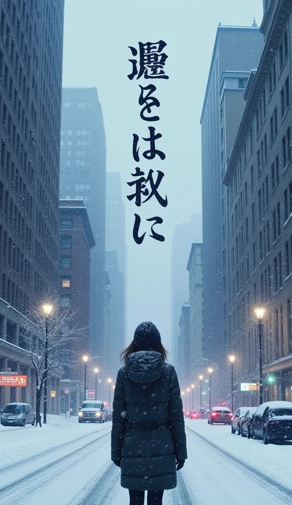 A poster of a woman standing in a city where it is snowing、 in Japanese"If it's what I have" It is written in large letters in the center,