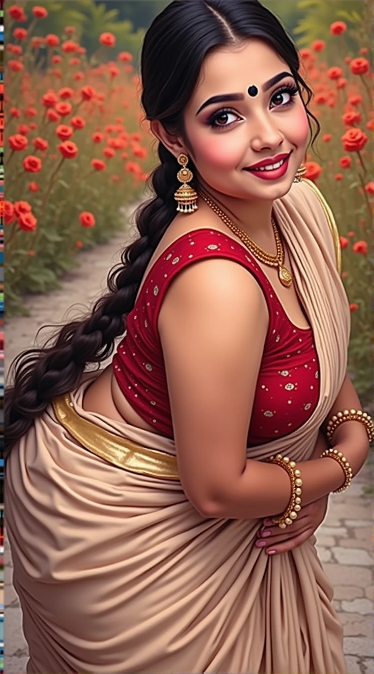 A 35Indian women, in a red designer saree,beautyfull face,light skin color,shy smile,looking at viewer,jhumka in ears,poney tail hair style,day light,glowing skin,black bindi in her forhead,flower garden background,full body,8k,ultra detailed .fat.