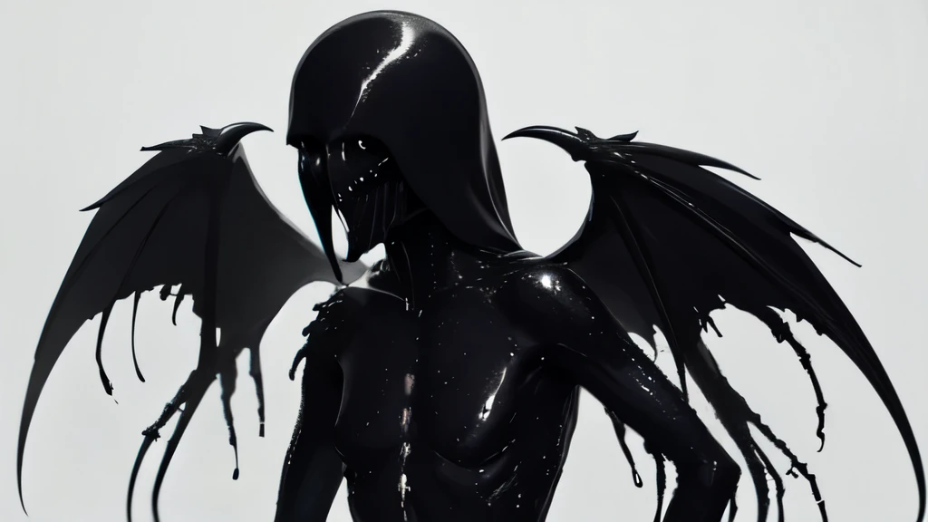 bs, solo, simple background, monochrome, upper body, greyscale, bodysuit, black background, 1other, monster, arms at sides, horror (theme), alien, bad anatomy, ravens, creaper