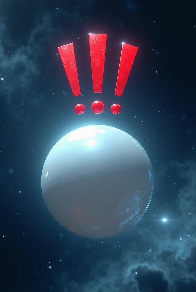 a pearl in space with three red exclamation marks painted above it