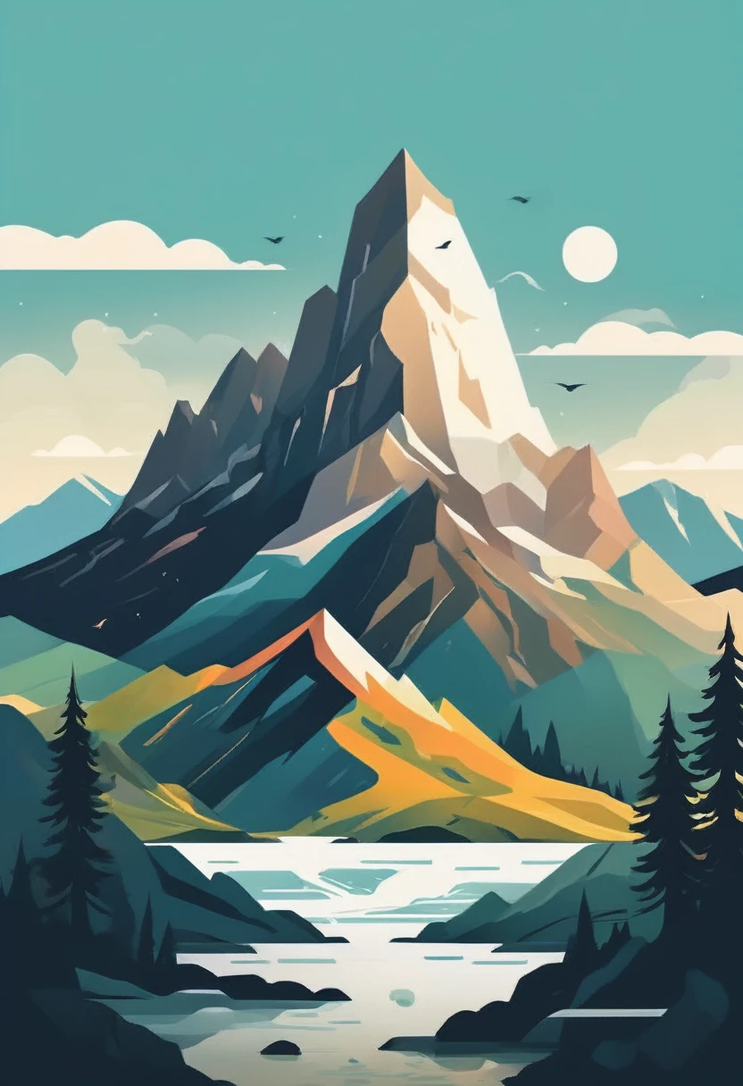 impressive painting of a mountain with trees and water, a detailed painting by Petros Afshar, shutterstock contest winner, environmental art, detailed painting, outlined art, 2d game art, isolated background for logo, strong contours, logo design