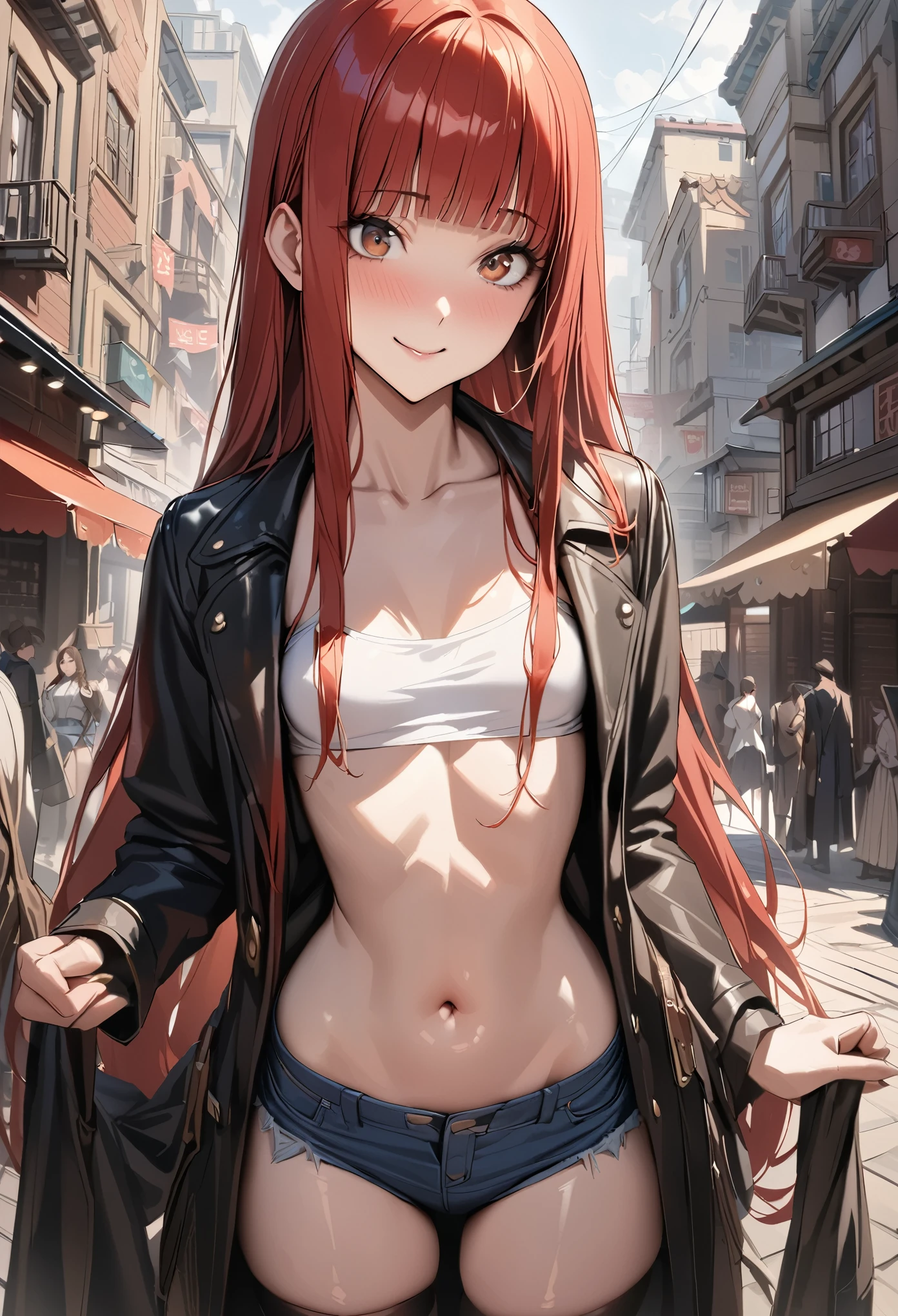 ((masterpiece,best quality anime,Highest quality:1.3)),realistic,cowboy shot,(25 year old beauty), gunslinger ,1woman,独奏,((very small head:1.4)),((very long body:1.3)),red hair,bangs,straight long hair,gorgeous big eyes,brown eyes,smile,smile,(Black long coat),Wear a tube top shirt under your coat,navel、(denim micro shorts、black_thighhighs),((slender body:1.3,skinny)),small breasts,gleaming skin,shiny skin,Holding a gun in hand、revolver、standing,sunny、Western cityscape、The World of Westerns、