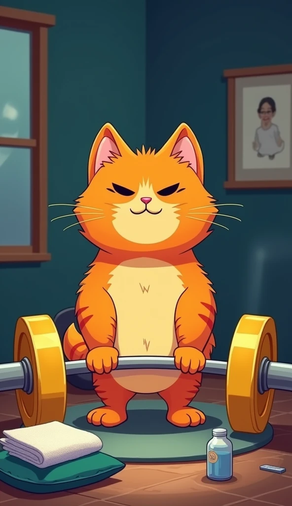 colorful cartoon illustration, the expression of determination is seen on the face of the fat orange kitten, the cat is lifting a barbell, the weights of the barbell are yellow, there are cushions on the floor, the fat orange kitten has a towel and drinking water next to it, there are mirrors and speed effects in the background, the background is similar to real life but it must have a dark theme,