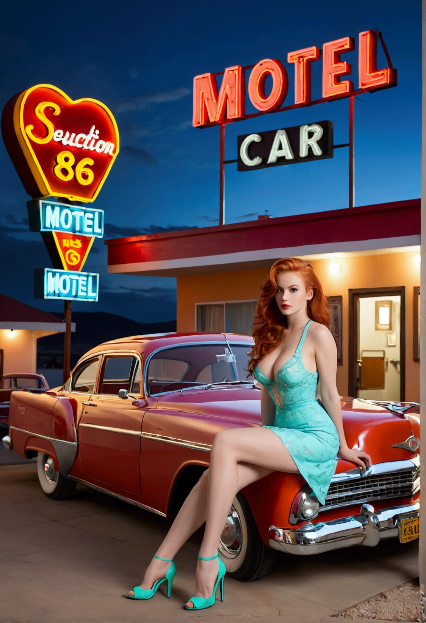 ((masterpiece, highest quality, Highest image quality, High resolution, photorealistic, Raw photo, 8K)), (full body shot:1) photorealistic image of a (sitting pose:1) ultrarealistic, photography, long red hair, woman, 24 years old, hourglass figure, perfect body, seductive look, natural medium breasts, view of a motel with a car parked in front of it, with neon signs, A woman waiting for a guest in front of a motel, seduction, short dress and high heels, route 6 6, neon signs, 1 9 5 0 s americana tourism, some have neon signs, neon lights outside, neon advertisements, gigantic neon signs, neon shops, by Arnie Swekel, few neon signs, neon signs in background,