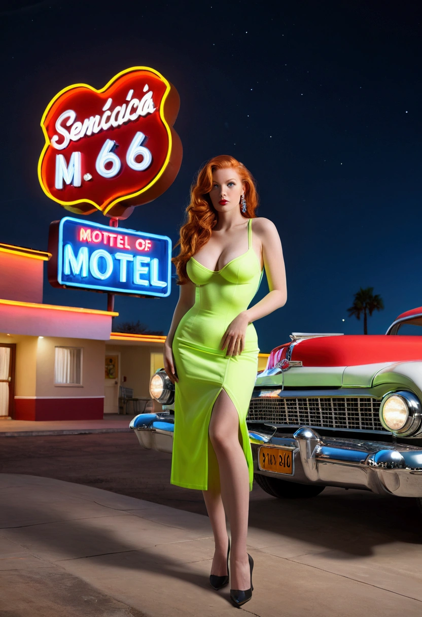 ((masterpiece, highest quality, Highest image quality, High resolution, photorealistic, Raw photo, 8K)), (full body shot:1) photorealistic image of a (sitting pose:1) ultrarealistic, photography, long red hair, woman, 24 years old, hourglass figure, perfect body, seductive look, natural medium breasts, view of a motel with a car parked in front of it, with neon signs, A woman waiting for a guest in front of a motel, seduction, short dress and high heels, route 6 6, neon signs, 1 9 5 0 s americana tourism, some have neon signs, neon lights outside, neon advertisements, gigantic neon signs, neon shops, by Arnie Swekel, few neon signs, neon signs in background,