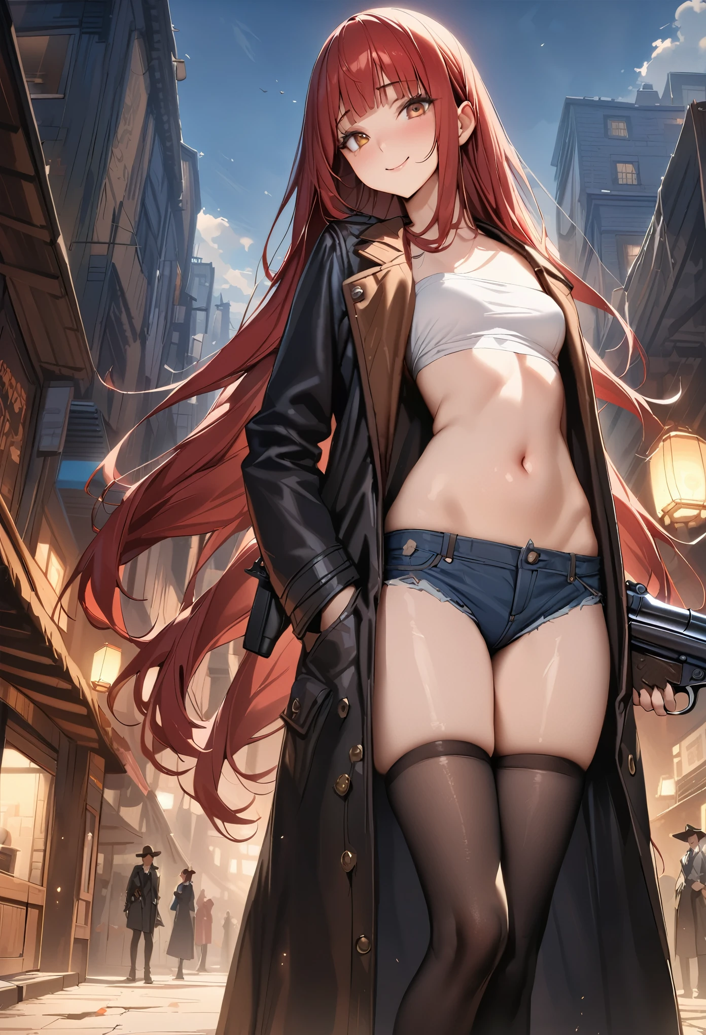 ((masterpiece,best quality anime,Highest quality:1.3)),realistic,cowboy shot,(25 year old beauty), gunslinger ,1woman,独奏,((very small head:1.4)),((very long body:1.3)),red hair,bangs,straight long hair,gorgeous big eyes,brown eyes,smile,smile,(Black long coat),Wear a tube top shirt under your coat,navel、(denim micro shorts、black_thighhighs),((slender body:1.3,skinny)),small breasts,gleaming skin,shiny skin,Holding a gun in hand、revolver、standing,sunny、Western cityscape、The World of Westerns、
