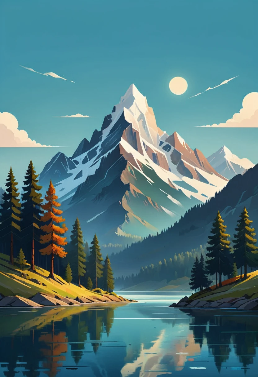 impressive painting of a mountain with trees and water, a detailed painting by Petros Afshar, shutterstock contest winner, environmental art, detailed painting, outlined art, 2d game art, isolated background for logo, strong contours, logo design

