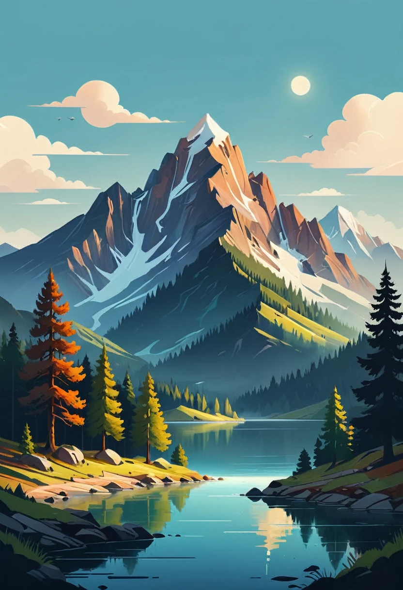 impressive painting of a mountain with trees and water, a detailed painting by Petros Afshar, shutterstock contest winner, environmental art, detailed painting, outlined art, 2d game art, isolated background for logo, strong contours, logo design
