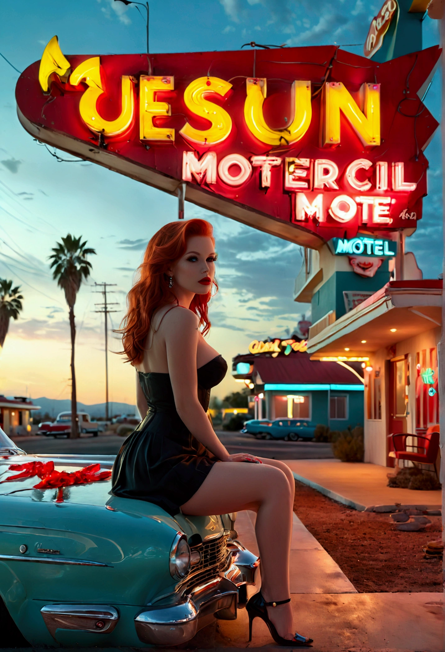 ((masterpiece, highest quality, Highest image quality, High resolution, photorealistic, Raw photo, 8K)), (full body shot:1) photorealistic image of a (sitting pose:1) ultrarealistic, photography, long red hair, woman, 24 years old, hourglass figure, perfect body, seductive look, natural medium breasts, view of a motel with a car parked in front of it, with neon signs, A woman waiting for a guest in front of a motel, seduction, short dress and high heels, route 6 6, neon signs, 1 9 5 0 s americana tourism, some have neon signs, neon lights outside, neon advertisements, gigantic neon signs, neon shops, few neon signs, neon signs in background,