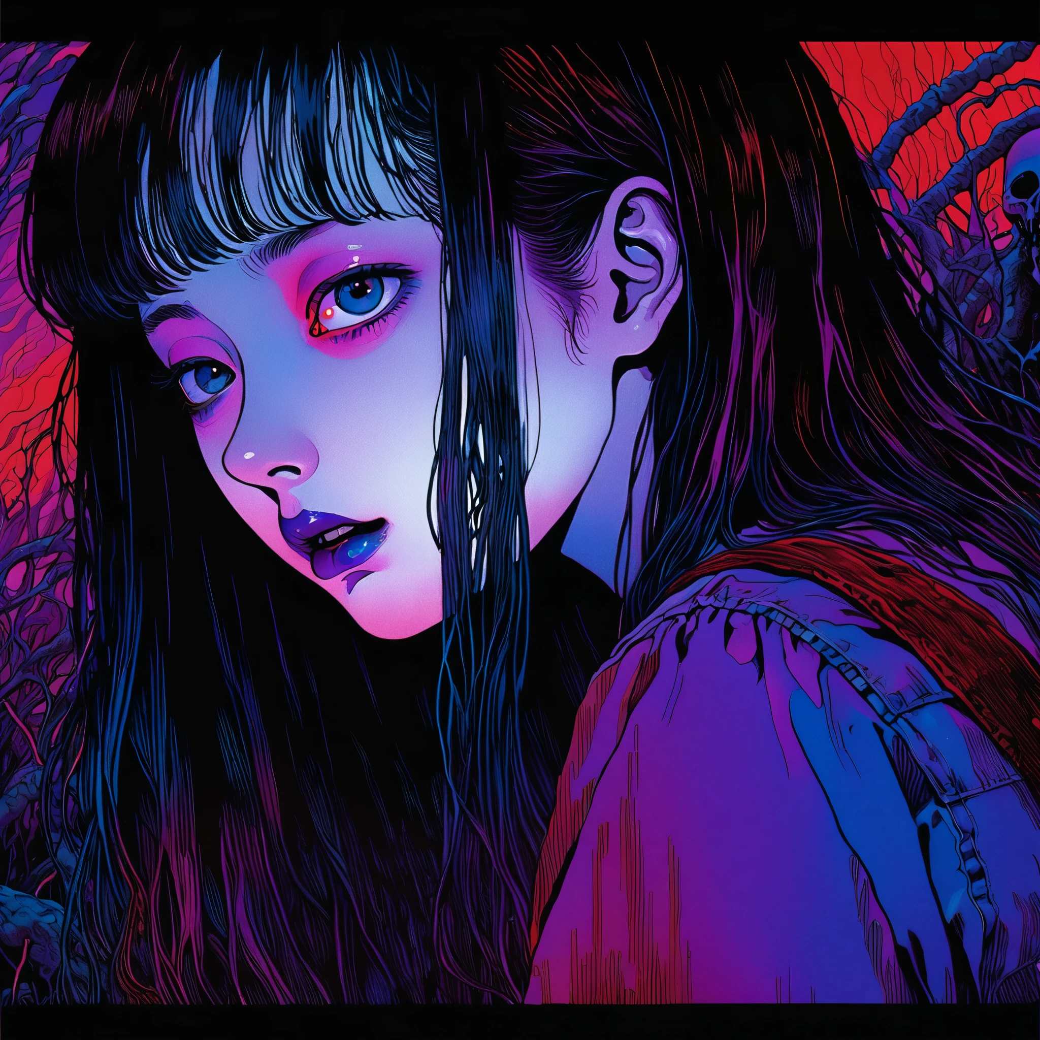 illust、art、from 80s horror movie, directed by Junji Ito、nightmare、high detail, realsitic shadow、Analog style, vhs style, 8mm film, chromatic aberration, Dvd screengrab、Blue-purple and red-purple gradation、Surrealism