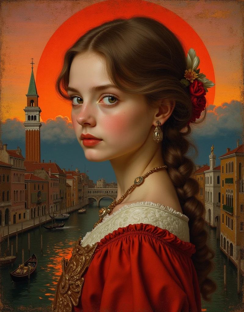 [portraite of a:young girl, blushful, in the style of pin-up:16]:[Rich landscape, Medieval times, Venice, Scarlet sunset, Renaissance, 16th century, ((Стиль Albrecht-Altdorfer, Andrea del Sarto))], hyper-detailing, Deep drawing