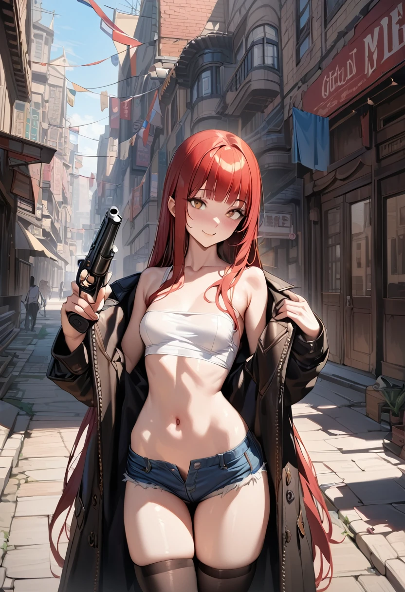 ((masterpiece,best quality anime,Highest quality:1.3)),realistic,cowboy shot,(25 year old beauty), gunslinger ,1woman,独奏,((very small head:1.4)),((very long body:1.3)),red hair,bangs,straight long hair,gorgeous big eyes,brown eyes,smile,smile,(Black long coat),Wearing a white tube top shirt under the coat,navel、(denim micro shorts、black_thighhighs),((slender body:1.3,skinny)),small breasts,gleaming skin,shiny skin,Holding a gun in hand、revolver、standing,sunny、Western cityscape、The World of Westerns、