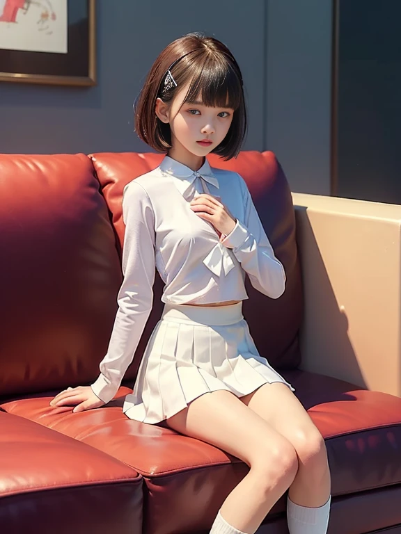 (masterpiece、Highest quality:1.7)、(13 years old:1.5)、(Full body shot:1.5)、Bobcut、Black Hair、85mm、16K、Official Art、RAW Photos、Best Beautiful Faces、Close-up、Violet、Gardenia、The best beautiful girl、very cute、Red blush on cheeks、indoor、(Sit on the couch:1.8)、Film Grain、Chromatic Aberration、Sharp Focus、(((Nice hands、Perfect hands、Perfect Fingers、Thin and delicate fingers、A perfect body without flaws)))、Detailed face、(Slender body:1.5)、(Slender body:1.4)、(Small and flat bust:1.7)、(Let your bangs hang down:1.8)、(Blushing:1.8)、(Low contrast lighting:1.2)、(White tight business blouse with collar:1.5)、(White bow tie blouse:1.3)、(Long sleeve: 1.3)、(White pleated mini skirt:1.5)、(White School Socks:1.5)、(Eyes closed:1.5),(Touch your chest:1.5),(masturbation:1.3)