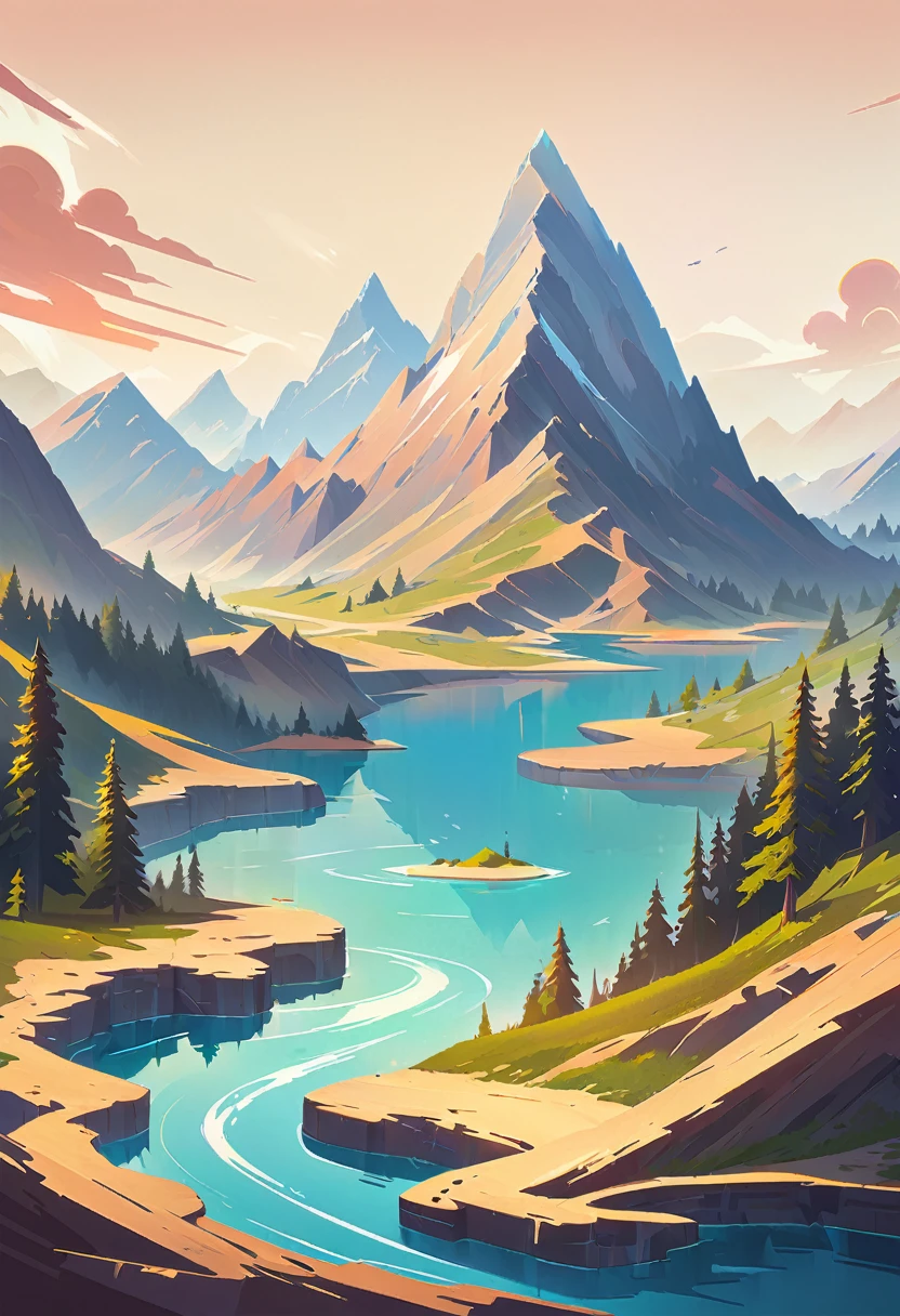 impressive painting of a mountain with trees and water, a detailed painting by Petros Afshar, shutterstock contest winner, environmental art, detailed painting, outlined art, 2d game art, isolated background for logo, strong contours, logo design