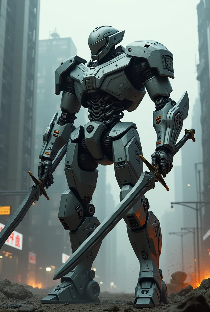 Draw a warrior robot holding 2 swords