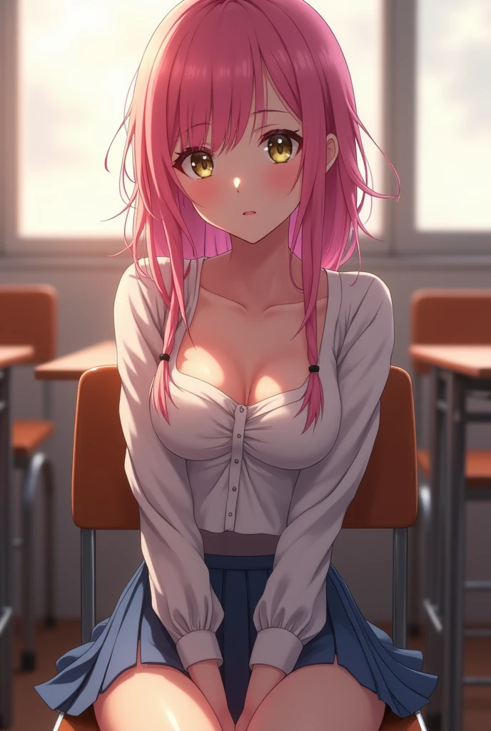 anime girl with pink hair sitting on a chair in a classroom, seductive anime girl, hyperrealistic schoolgirl, a hyperrealistic schoolgirl, , realistic schoolgirl, smooth anime cg art, top rated on pixiv, smooth pink skin, (anime girl), beautiful alluring anime , anime. soft lighting, anime girl, made with anime painter studio, super huge tits, huge thigs, pervert bitch