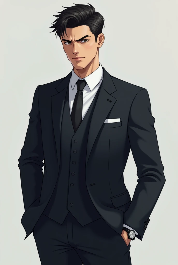 A 21 year old boy wearing suit tie watch full body pic with aggressive look