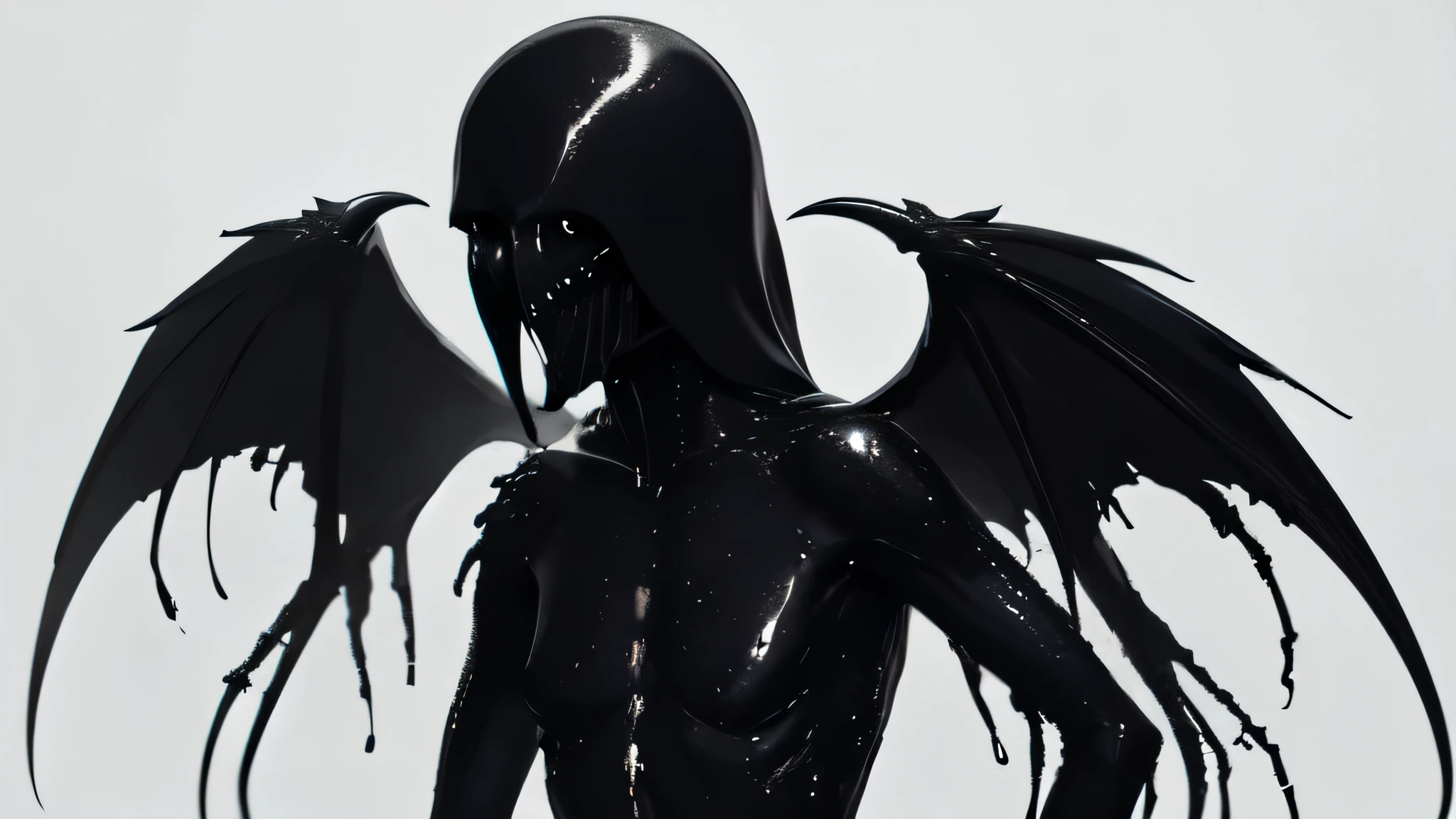 bs, solo, simple background, monochrome, upper body, greyscale, bodysuit, black background, 1other, monster, arms at sides, horror (theme), alien, bad anatomy, ravens, creaper