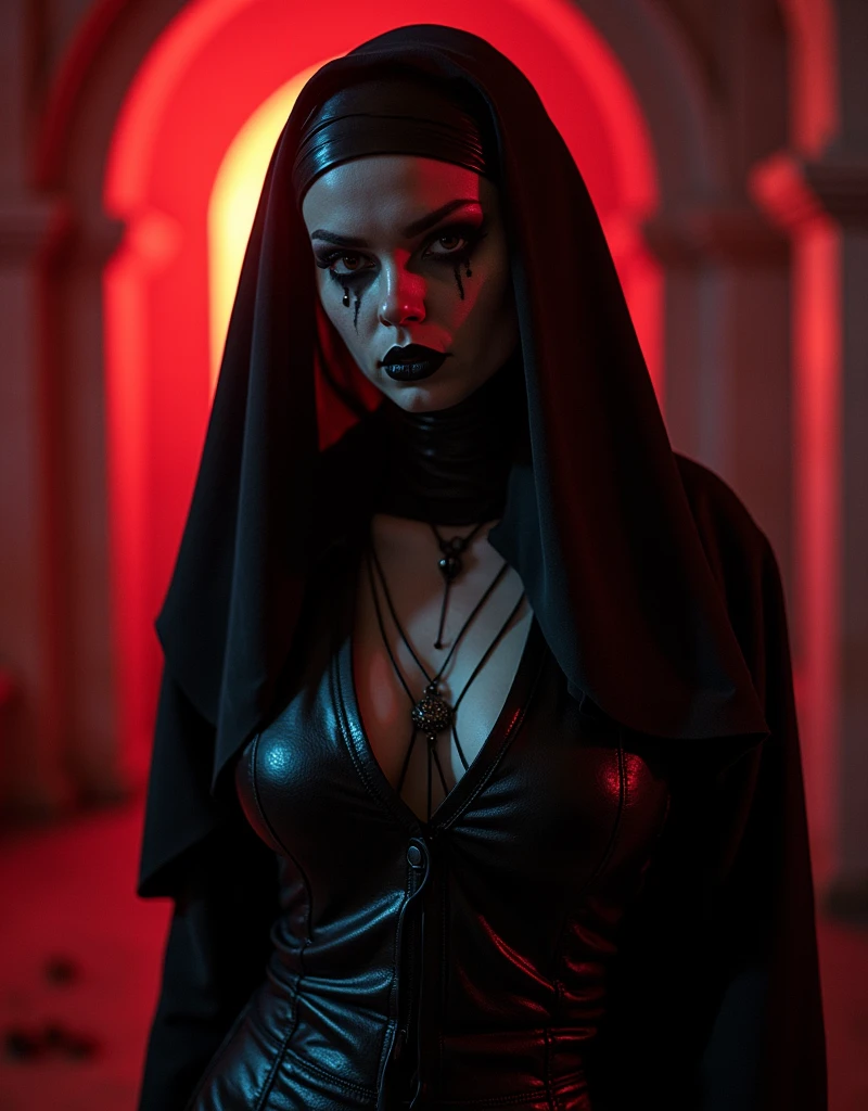 raw, Analogue) (gothic nun huge tits), Set in the 1990s, Surreal makeup, Leather clothing inside a gothic church at night, Neon lights, Very dark, terror, Shades of red, chaos, evil, High detail, Very realistic, Sony A7III, Cinema lighting, film, wheat, UHD faces, Volumetric shadow, insanely detailed,  