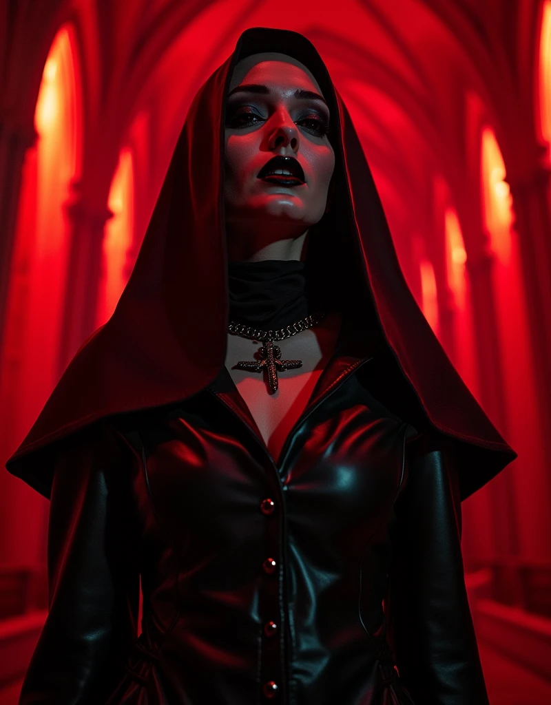 raw, Analogue) (gothic nun huge tits), Set in the 1990s, Surreal makeup, Leather clothing inside a gothic church at night, Neon lights, Very dark, terror, Shades of red, chaos, evil, High detail, Very realistic, Sony A7III, Cinema lighting, film, wheat, UHD faces, Volumetric shadow, insanely detailed,