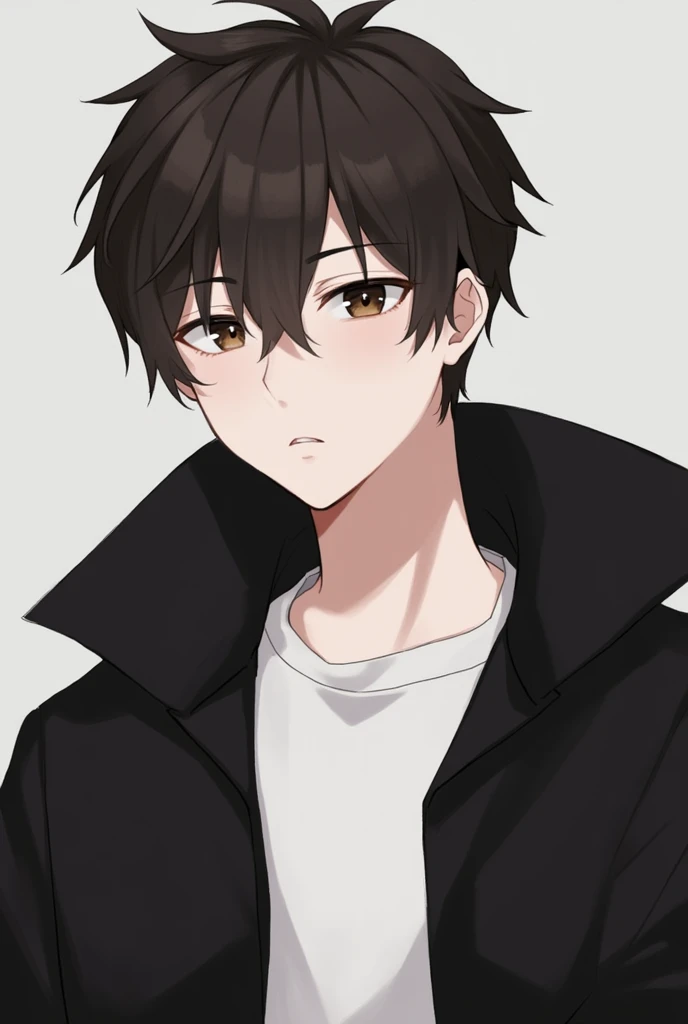 youth、Dark brown hair、Short Hair、Thick eyebrows、Hanging eyes、Black coat、White innerwear、Expressionless、male、Thick eyebrows、Thick eyebrows