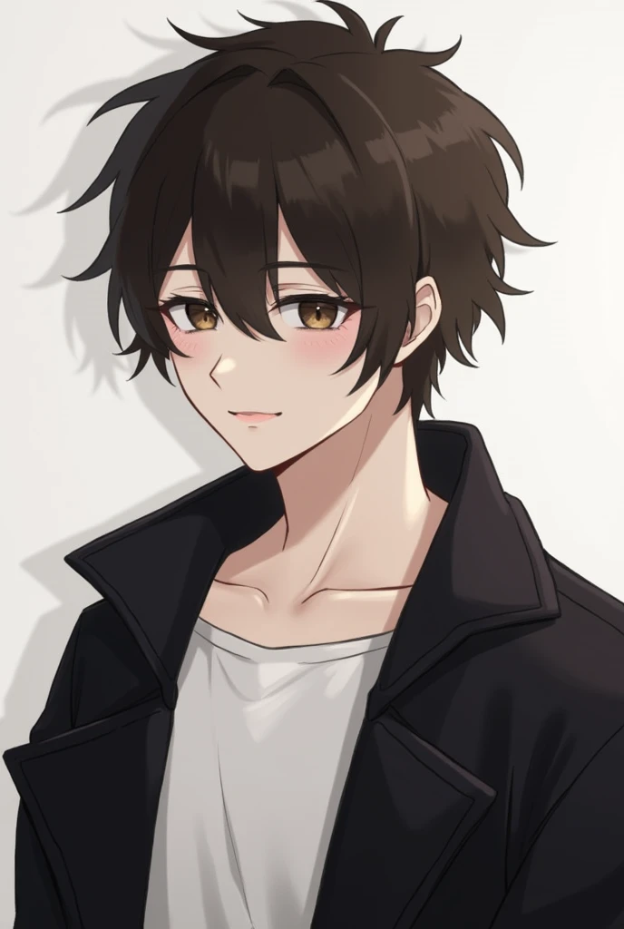 youth、Dark brown hair、Short Hair、Thick eyebrows、Hanging eyes、Black coat、White innerwear、Expressionless、male、Thick eyebrows、Thick eyebrows