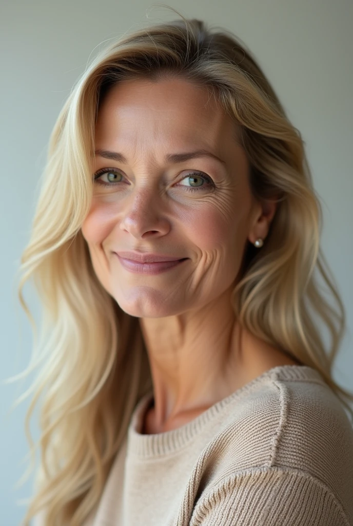 Blonde woman 50 years old with natural makeup, wearing a beige cashmere. High resolution, chef-d'artwork, best quality, intricate details, Very detailed, mise au point nette, detailed skin, texture de peau réaliste, texture, Detailed eyes, professionnel, 4k, sourire charmant, filmed on Canon, 85 millicmeters, faible profondeur de champ, Couleur Kodak Vision, corps parfaitement ajusté, extremely detailed, photographier_\(ultra\), photorealistic, Realistic, Post-traitement, maximum details, roughness, vrai vie, ultra realistic, photorealism, photographie, 8k euh, photographie