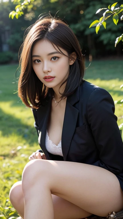 sunny day, Beautiful photo of a young woman in a blazer., (Bags under the eyes:1.05), (เสื้อลูกไม้สีlegว), Platinum Brown Hair, (Angled Bob:1.4), big breasts, (Slippery hair), smile a little, มีhappiness, happiness, Highly detailed skin, hair follicles, Stunning innocent, symmetrical face, Long eyelashes, black eyeliner, Light gold eyeshadow,(sit down on a branch), cross_leg, Emotional, wind, garden, tree, grass, Masterpiece, best quality, realistic,