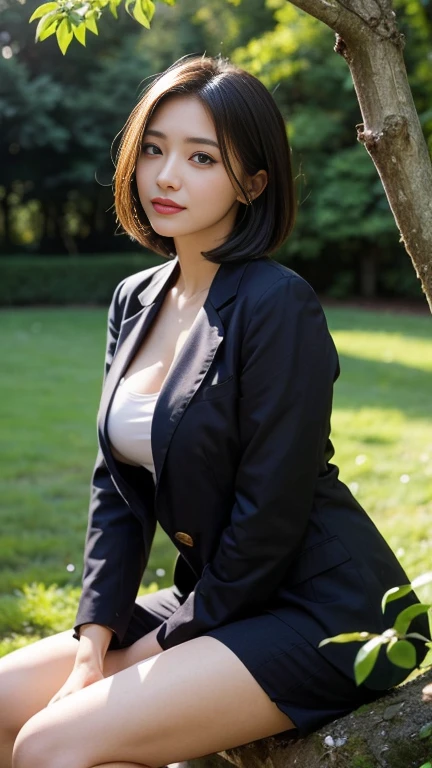 sunny day, Beautiful photo of a young woman in a blazer., (Bags under the eyes:1.05), (เสื้อลูกไม้สีlegว), Platinum Brown Hair, (Angled Bob:1.4), big breasts, (Slippery hair), smile a little, มีhappiness, happiness, Highly detailed skin, hair follicles, Stunning innocent, symmetrical face, Long eyelashes, black eyeliner, Light gold eyeshadow,(sit down on a branch), cross_leg, Emotional, wind, garden, tree, grass, Masterpiece, best quality, realistic,