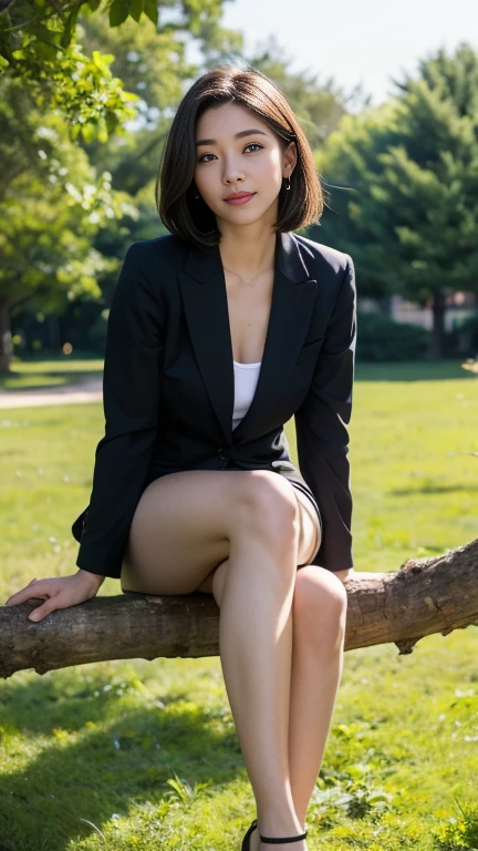 sunny day, Beautiful photo of a young woman in a blazer., (Bags under the eyes:1.05), (เสื้อลูกไม้สีlegว), Platinum Brown Hair, (Angled Bob:1.4), big breasts, (Slippery hair), smile a little, มีhappiness, happiness, Highly detailed skin, hair follicles, Stunning innocent, symmetrical face, Long eyelashes, black eyeliner, Light gold eyeshadow,(sit down on a branch), cross_leg, Emotional, wind, garden, tree, grass, Masterpiece, best quality, realistic,