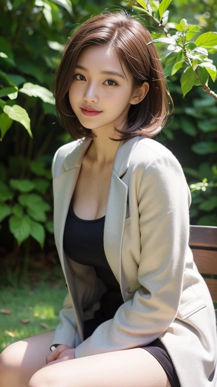 sunny day, Beautiful photo of a young woman in a blazer., (Bags under the eyes:1.05), (เสื้อลูกไม้สีlegว), Platinum Brown Hair, (Angled Bob:1.4), big breasts, (Slippery hair), smile a little, มีhappiness, happiness, Highly detailed skin, hair follicles, Stunning innocent, symmetrical face, Long eyelashes, black eyeliner, Light gold eyeshadow,(sit down on a branch), cross_leg, Emotional, wind, garden, tree, grass, Masterpiece, best quality, realistic,