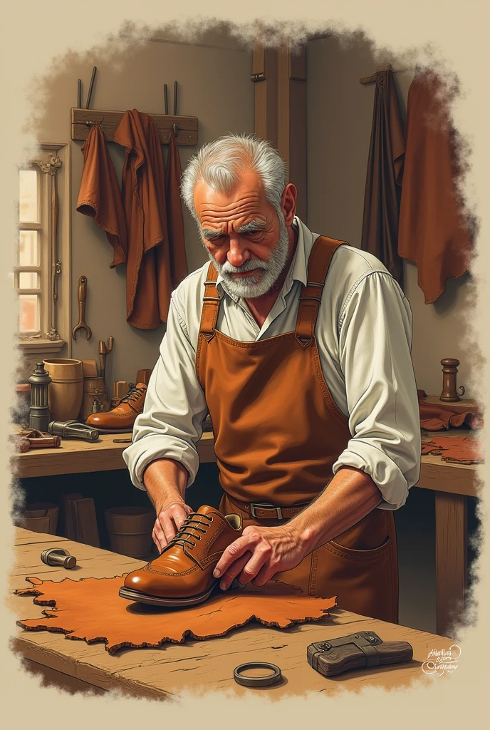 Create a drawing of a shoemaker to color in light brown background