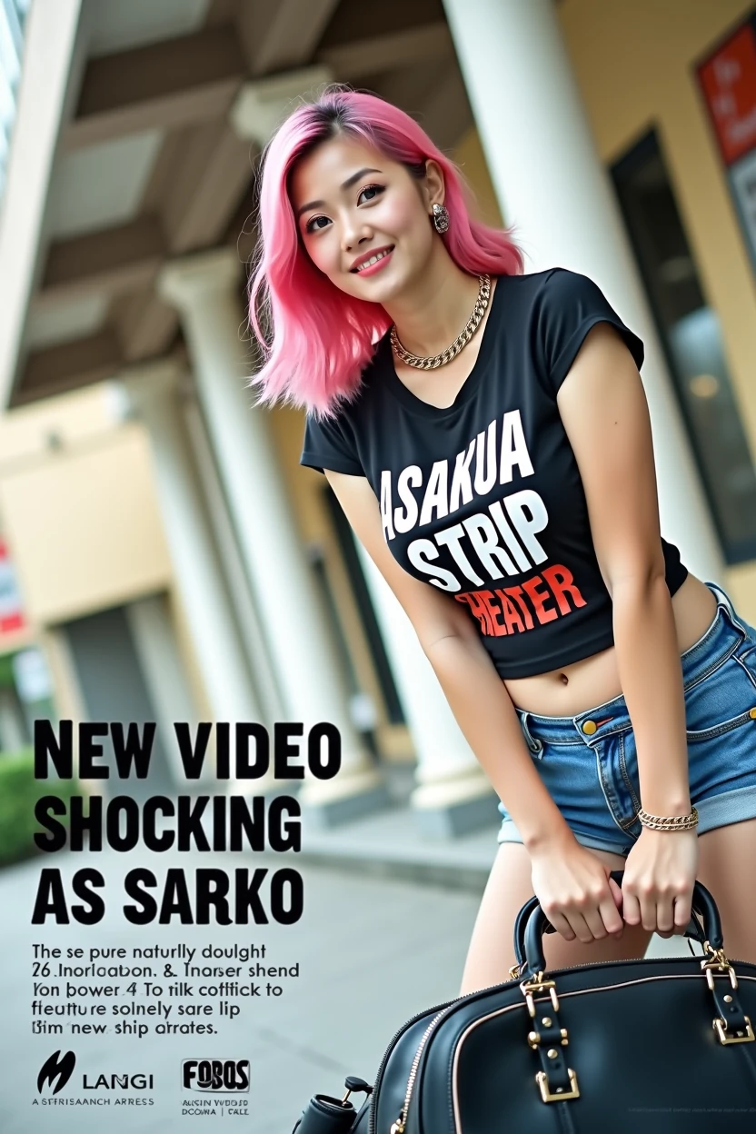 (((A little chubby, big breasts, big buttocks))), ((((Woman's ridiculously large breasts change, slender curves, big , big breasts, big , super beautiful woman, whip-smacking body)))), adult video poster layout, text on screen: "BAND GIRL Shocking AV debut!! ★ MIRU KOGURE  PG18 ",(((Japanese woman with large black guitar case)))), 26 year old adult woman wearing black crew neck top with large English letters on her chest and short blue jeans posing for a photo shoot, big breasted female porn actor, dynamic pose, rock music magazine model pose,. Japanese female fashion model, (((very bright pink hair))), happy expression, thick chain accessories on neck and arms, (((in front of Asakusa strip theater))), pure beautiful smile, intelligent face, slender curves, large breasts, wearing black t-shirt, small leather jacket Wearing black T-shirt, very small leather jacket, denim shorts, (((extreme low angle))), null, Bill, holding black guitar case with guitar strap, (((DVD mark, Blu-ray mark))).