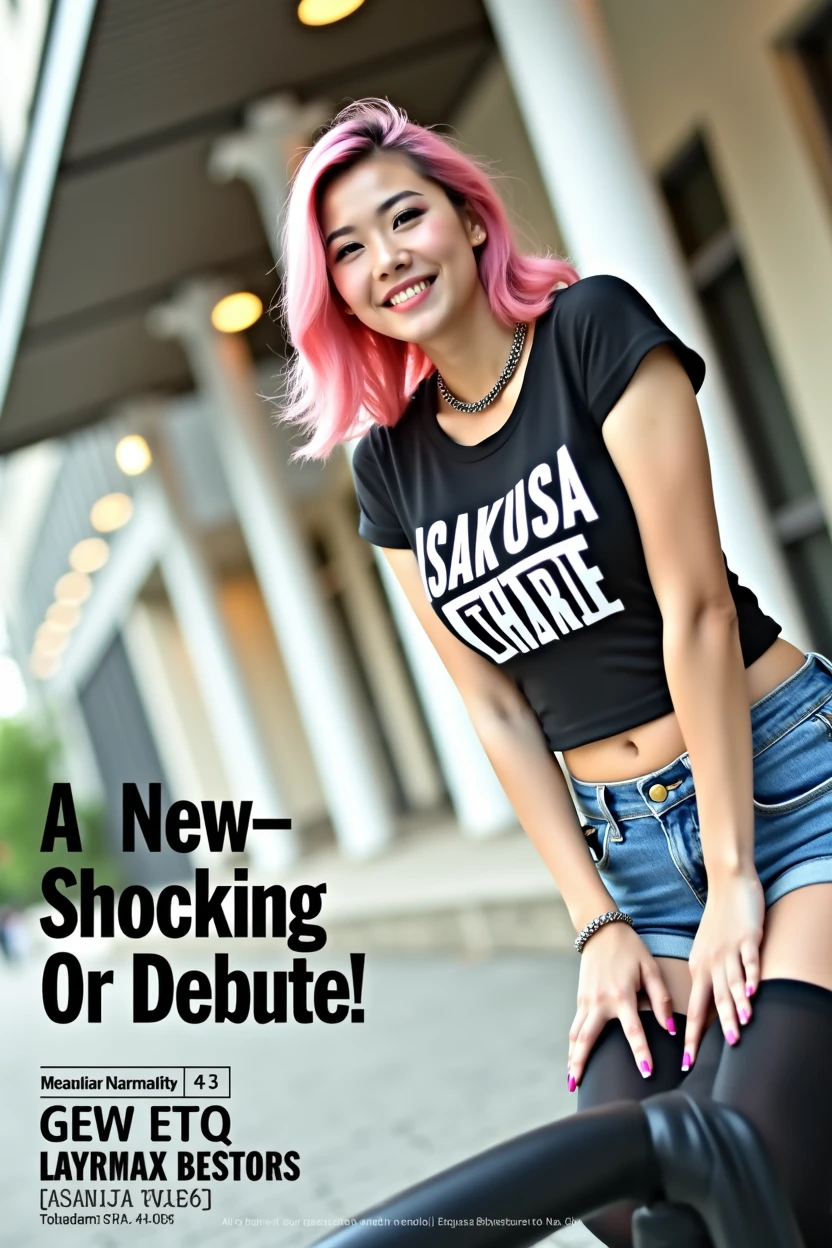 (((A little chubby, big breasts, big buttocks))), ((((Woman's ridiculously large breasts change, slender curves, big , big breasts, big , super beautiful woman, whip-smacking body)))), adult video poster layout, text on screen: "BAND GIRL Shocking AV debut!! ★ MIRU KOGURE PG18 ",(((Japanese woman with large black guitar case)))), 26 year old adult woman wearing black crew neck top with large English letters on her chest and short blue jeans posing for a photo shoot, big breasted female porn actor, dynamic pose, rock music magazine model pose,. Japanese female fashion model, (((very bright pink hair))), happy expression, thick chain accessories on neck and arms, (((in front of Asakusa strip theater))), pure beautiful smile, intelligent face, slender curves, large breasts, wearing black t-shirt, small leather jacket Wearing black T-shirt, very small leather jacket, denim shorts, (((extreme low angle))), null, Bill, holding black guitar case with guitar strap, (((DVD mark, Blu-ray mark))).
