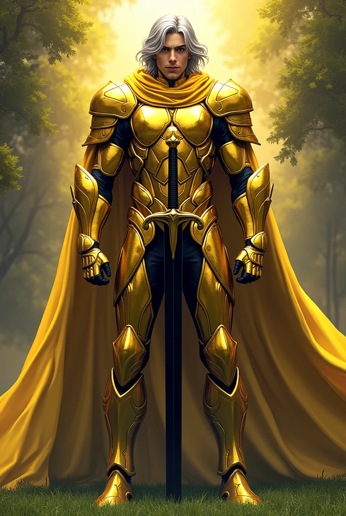 Create an image of the entity the void with a fully shining golden armor as if he were a God walking on a beautiful lawn with a black sword with absolute darkness wrapped in a cloak of darkness sheathed with a Marvel comic type design and with a phrase bubble that says "the day is beautiful" (the phrase in Spanish) and that on his face is silver and medium-long hair and his face is of masculine features and that the sword is in his hands