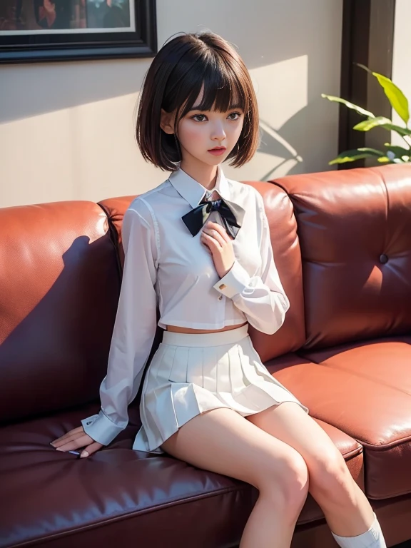 (masterpiece、Highest quality:1.7)、(13 years old:1.5)、(Full body shot:1.5)、Bobcut、Black Hair、85mm、16K、Official Art、RAW Photos、Best Beautiful Faces、Close-up、Violet、Gardenia、The best beautiful girl、very cute、Red blush on cheeks、indoor、(Sit on the couch:1.8)、Film Grain、Chromatic Aberration、Sharp Focus、(((Nice hands、Perfect hands、Perfect Fingers、Thin and delicate fingers、A perfect body without flaws)))、Detailed face、(Slender body:1.5)、(Slender body:1.4)、(Small and flat bust:1.7)、(Let your bangs hang down:1.8)、(Blushing:1.8)、(Low contrast lighting:1.2)、(White tight business blouse with collar:1.5)、(White bow tie blouse:1.3)、(Long sleeve: 1.3)、(White pleated mini skirt:1.5)、(White School Socks:1.5)、(Eyes closed:1.5),(Touch your chest:1.5),(masturbation:1.3)