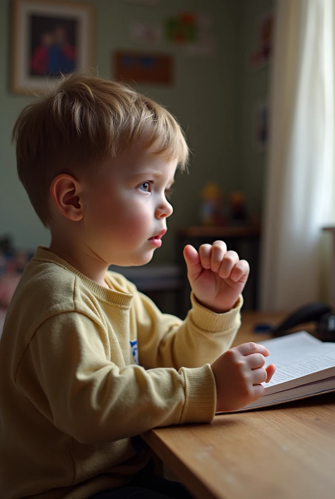 Martin Playing and Learning Sign Language or Description: Martin is in his room, practicing sign language. He is seen concentrating while imitating his parents&#39; gestures, Next to him is a sign language dictionary..
