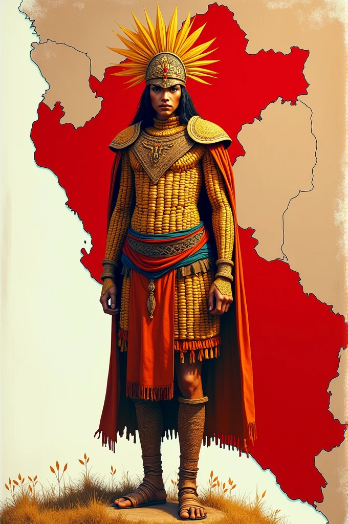 Red and white map of Peru with a warrior corn 