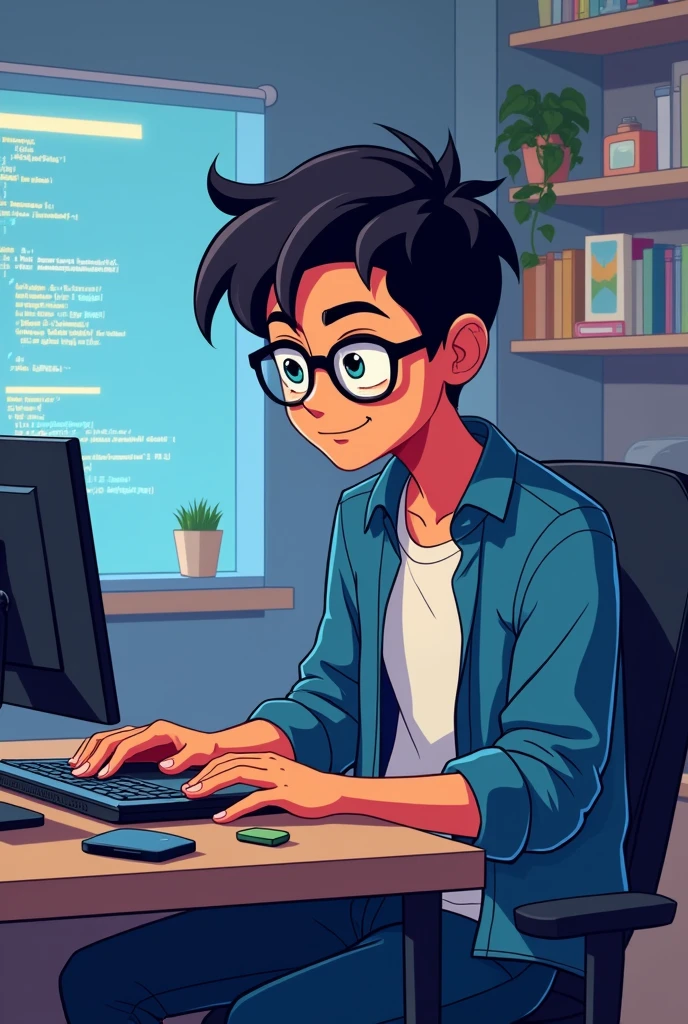 Cree une image d'un garcon en dessin anime,portant une lunette ,entrain de coder un application avec un ordi Asus,affiche l'ordinateur contenant des lignes de code