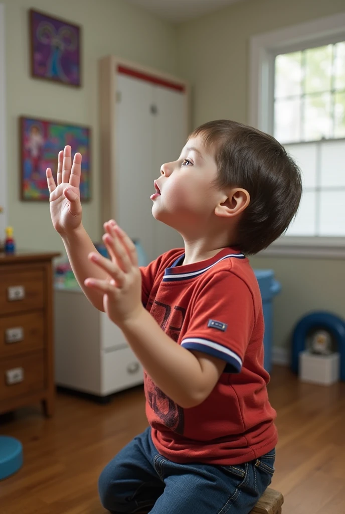 Martin Playing and Learning Sign Language or Description: Martin is in his room, practicing sign language. He is seen concentrating while imitating his parents' gestures.