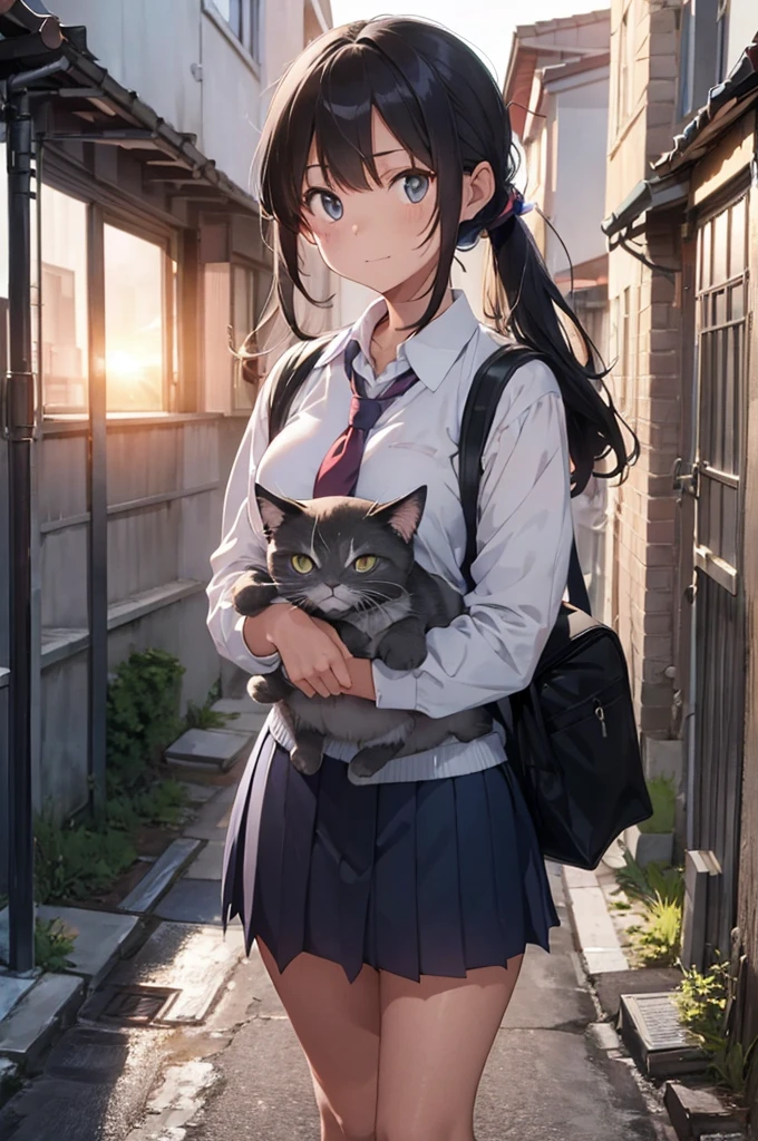 one girl wearing school uniform carrying a grey cat, alleyway, sunset