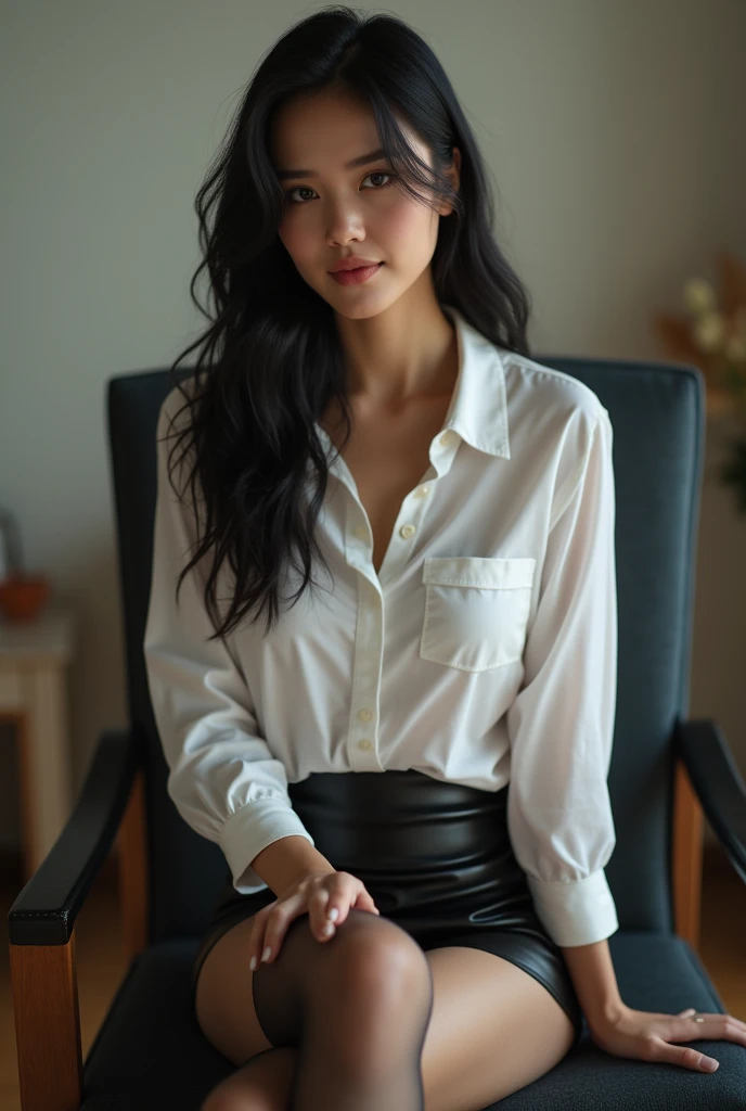 Ultra-realistic, photograph, Black Hair, female, 24-years-old, Hourglass Shape, Perfect body, Sexy expression, Highly detailed art gems, Art Germ Style, Lens 35mm, Blur the background, Sitting on a chair in the living room, wearing a white wet Looking down into the valley shirt and a short latex skirt, Looking down into the valley, appear, Wet shirt, Wearing opaque thigh-high socks, Show off your legs, Long legs, (彼femaleの足に触れる), Sexy Legs, Attractive legs, whole body picture, whole body portrait, whole body, Wide Shot, Wide-angle,Beautiful breasts,Cool eyes,Glossy Lips,smile,Glowing Skin,Clear Skin,OM-D E-M1 Mark III,（Rembrandt Lighting,Loop Lighting,Butterfly Lighting）