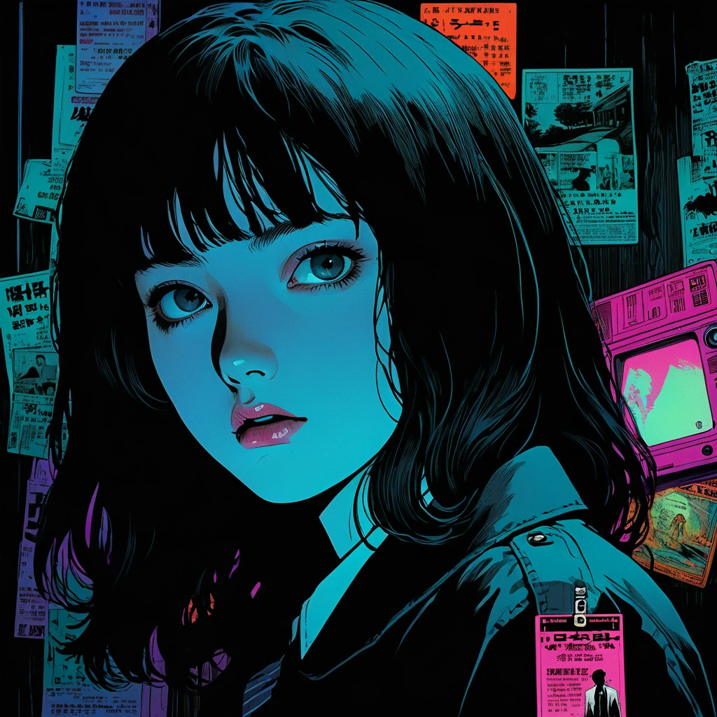 illust、art、from 80s horror movie, directed by Junji Ito、darkness、Young Man investigator,  Alley、nightmare、anxiety、high detail, realsitic shadow、Analog style, vhs style, 8mm film, chromatic aberration, Dvd screengrab、Surrealism
